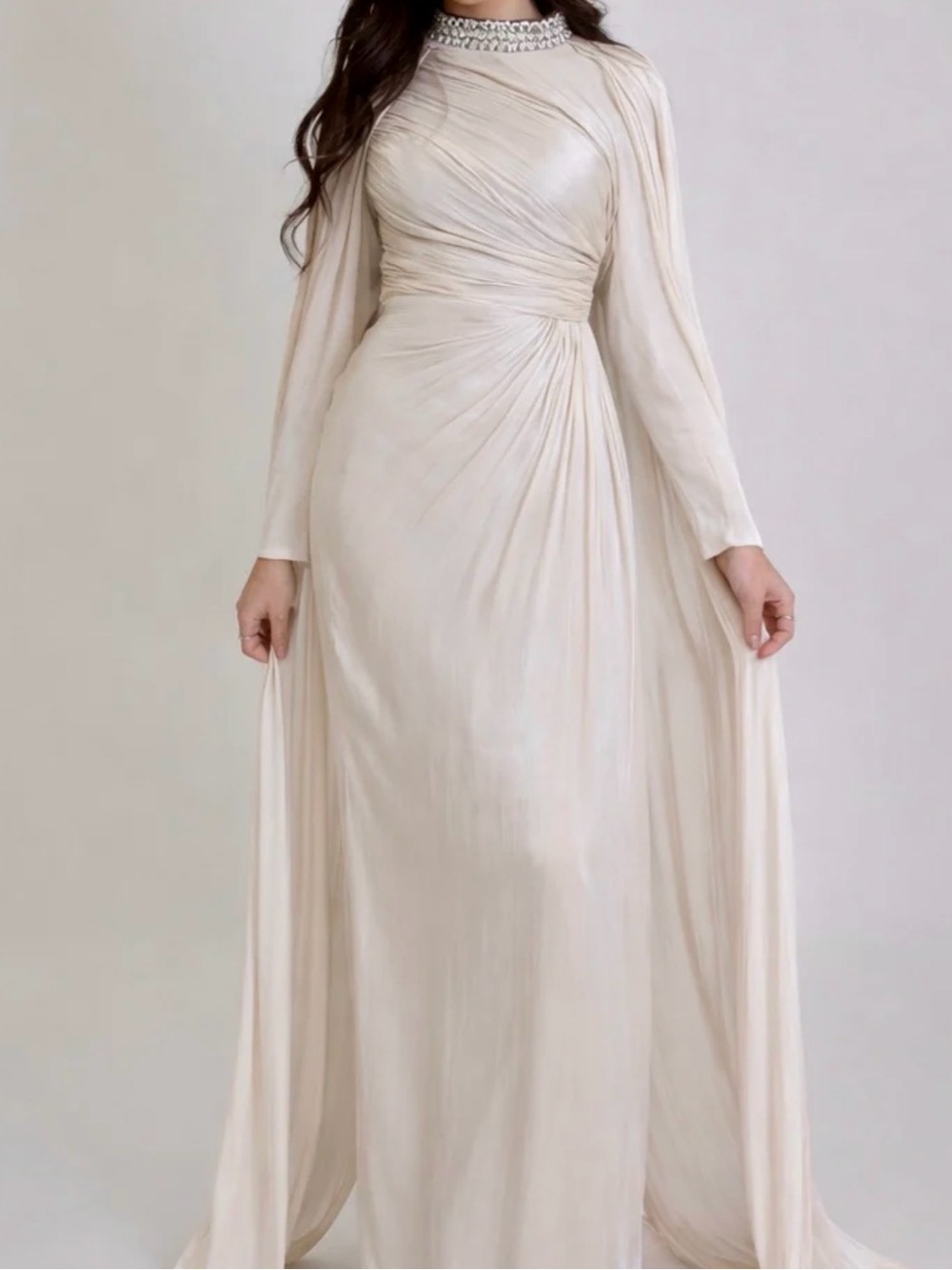 Elegant Long-Sleeve Evening Gown with Draped Detail